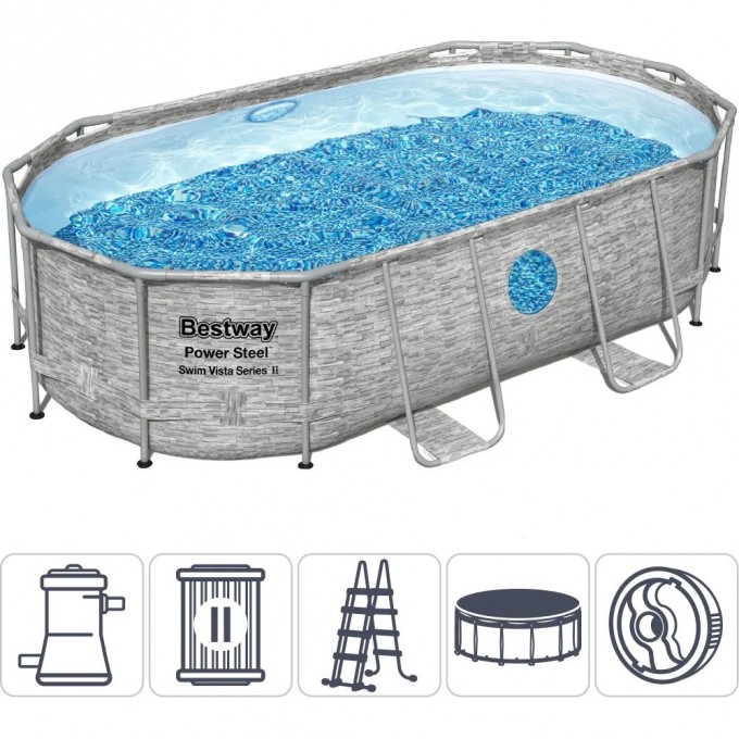 Каркасный бассейн BESTWAY POWER STEEL 427х250х100см Ротанг 7250л + фильтр-насос 2006 л/ч, лестница, тент 56714 BW